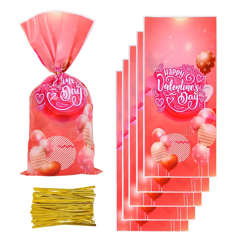 50pcs Valentine's Day Gift Bag Love Heart Plastic OPP Candy Cookie Packaging Bag Valentines Day Party Decoration Favors Supplies